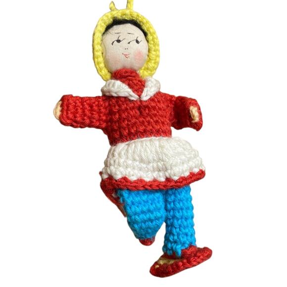 Vintage Amigurumi Japanese Crochet Doll 3" Silk Face Red Blue - Picture 1 of 6